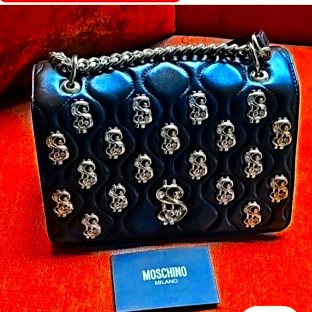 Moschino Black Quilted Shoulder Bag with Gold Dollar Accents